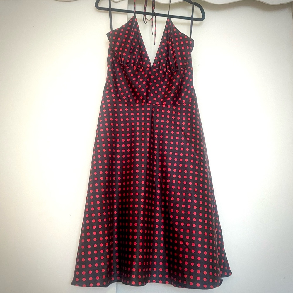 Vintage 2000s Silky Black Red Polka Dot Goth Emo Empire Babydoll Dress Formal